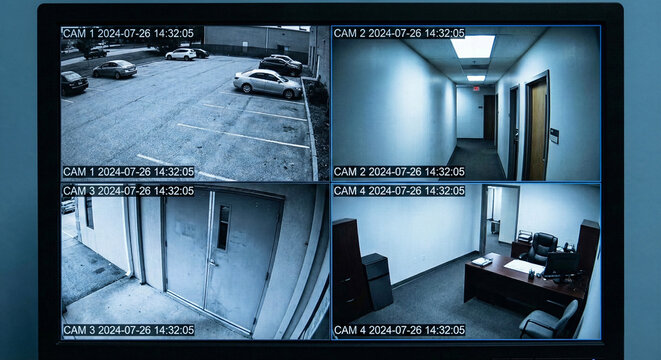 Monitor displaying spy camera footage in office building