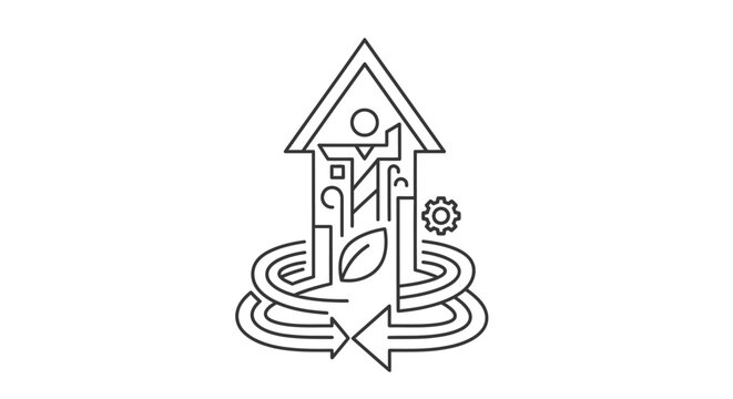 House icon illustration incorporates a central leaf symbol surrounded by cyclical arrows to represent sustainable living and energy efficiency within a residential architectural development framework.