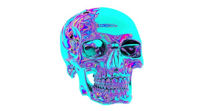 Abstract iridescent skull model displays vibrant colors and intricate patterns while rotating against a bright white background,  in the form of a green screen for overlay on video