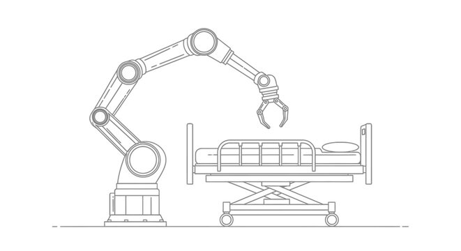 Robotic arm positioned over a hospital bed illustrates the integration of advanced automation technology into modern medical facilities to streamline patient care and improve overall healthcare.