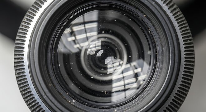 Close-up view of a camera lens with reflections on its surface, showing intricate optical elements and textured ring.