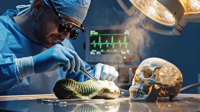 Surgeon performs operation using magnifying loupes in operating room with heart monitor display. Medical professional surgeon examines specimen near skull model during surgery procedure.
