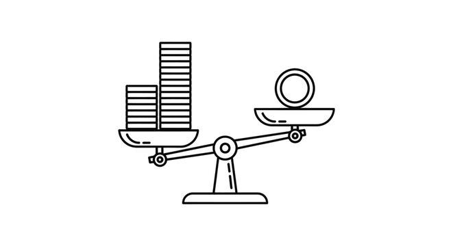 Scales balance a large stack of coins against a single currency unit to visually demonstrate the fundamental economic concept of wealth inequality and the disproportionate distribution of global.