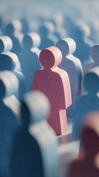 Single red figurine standing out in a crowd of blue wooden figures, symbolizing individuality and uniqueness in a group setting with soft lighting and shadows
