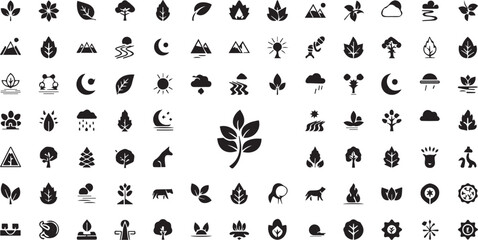 Fototapeta premium Nature Icon Collection: A collection of various nature-related icons, each representing a different element or concept, arranged in a neat grid format.