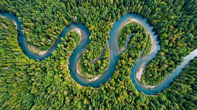 Aerial top view of a winding river flowing through a lush green forest, drone shot of meandering blue water stream in dense wilderness.
