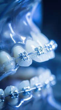 Detailed view of a dental model with metallic orthodontic braces used for correcting teeth alignment in modern dental treatment and orthodontics practice