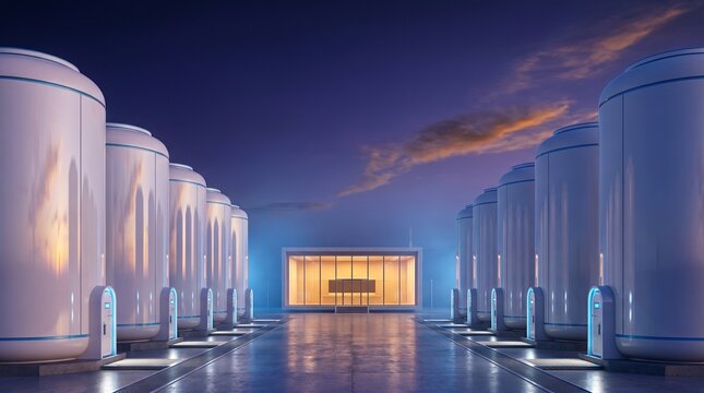 Futuristic small modular reactor (SMR) facility with glowing pods at twilight, innovative sustainable energy station.