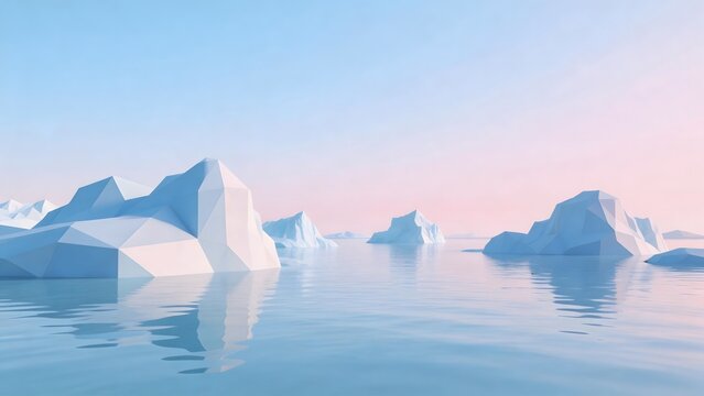 Icebergs in calm water under pastel sky
