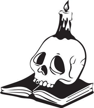 Black and white line art vector illustration of a spooky human skull resting on an open spell book with a melting lit candle on top, isolated on a white background