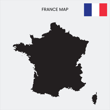 A black silhouette of the map of France is presented against a neutral background, with the French flag displayed nearby.