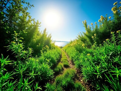Sun-drenched emerald trail, bursting with hyperreal hues, beckons from the earth's embrace, wide lens capturing nature's vivid dreamscape,  verdant,  green