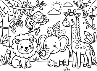 Obraz premium A cute selection of wild jungle animals including a monkey lion elephant and giraffe in a intricate coloring page.