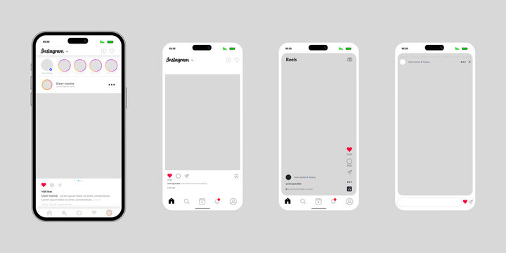 Smartphone screens displaying instagram social media application template