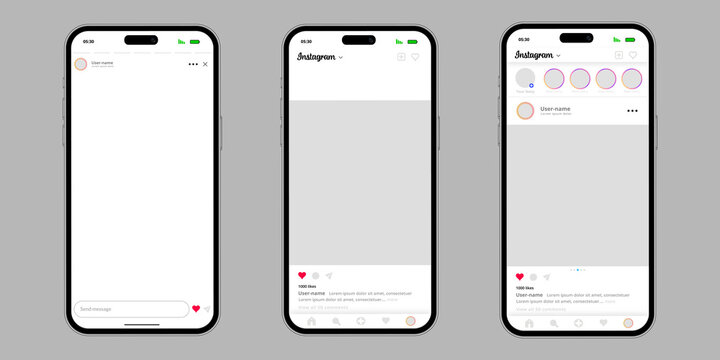 Mobile phones displaying blank instagram application pages for ui design