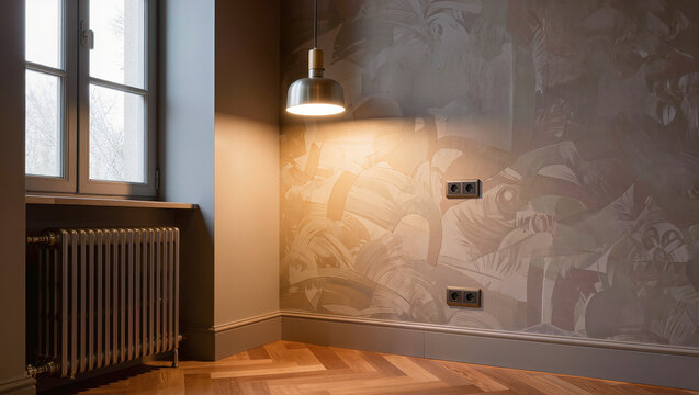 Modern Minimalist Room Corner with Artistic Mural and Warm Pendant Lighting