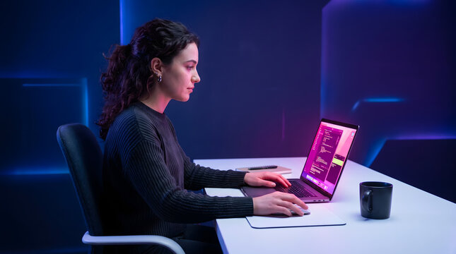 Female Software Developer Coding on Laptop in Neon pink  and blue  Tech Workspace