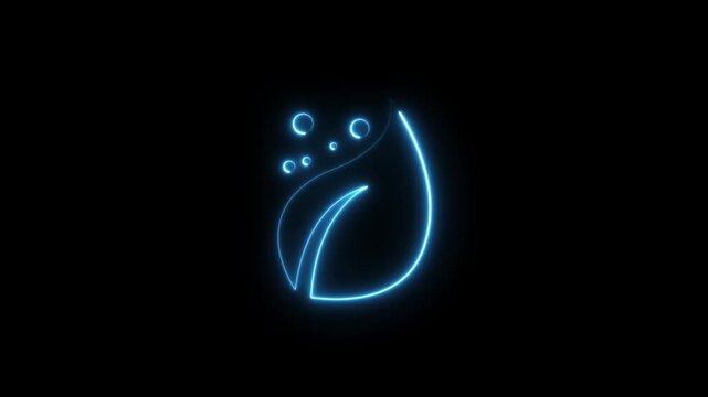 Glowing blue neon plant sprout with two leaves icon, symbolizing sustainability, ecology, renewable energy nature on a black background.