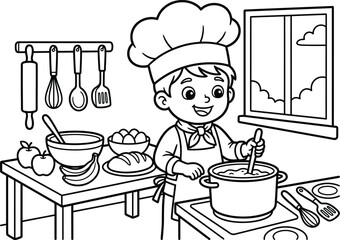 Happy little chef cooking a delicious meal in a elaborate kitchen scene for coloring book page illustrations. © Munna_SH