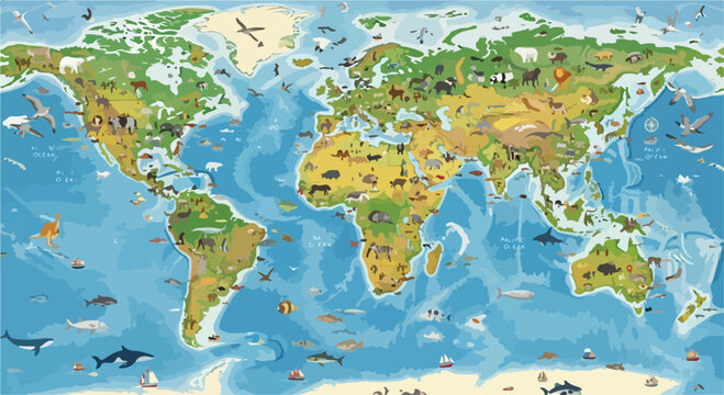 Illustrated world map with animals and marine life, educational cartoon earth map for kids, colorful global wildlife vector illustration