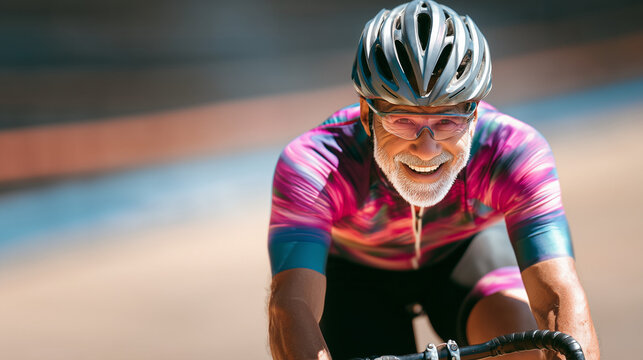 Close-up of a fit elderly man riding a racing bike on a sunny velodrome in a vibrant painted style. Confident smile, bright sportswear, dynamic motion, vivid colors.