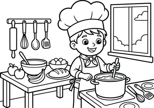 Happy little chef cooking a delicious meal in a elaborate kitchen scene for coloring book page illustrations.