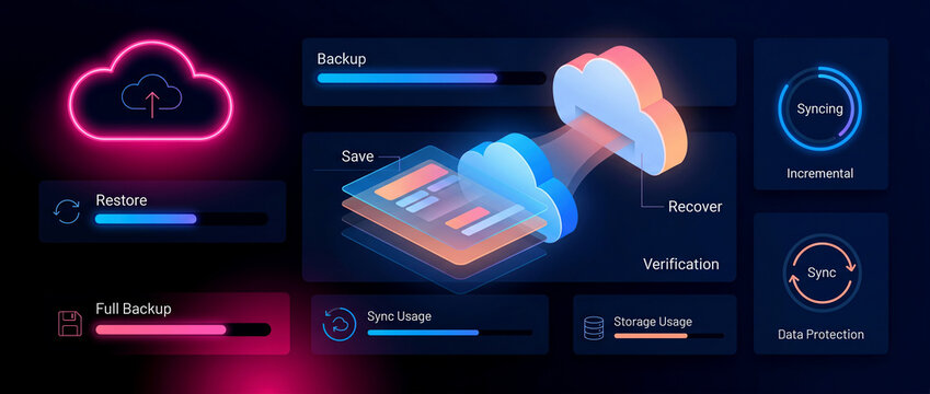Digital cloud backup and sync interface with progress bars and neon glow