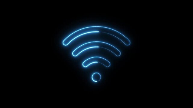 Abstract neon glowing wifi icon animation on black background. Neon digital wifi network icon concept.