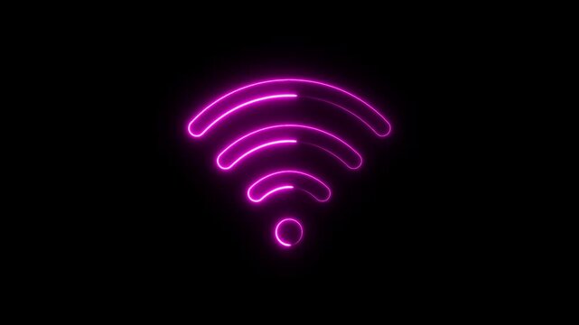 Abstract neon glowing wifi icon animation on black background. Neon digital wifi network icon concept.