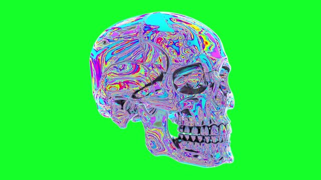 Colorful abstract iridescent skull model rotates against a bright green background, showcasing intricate patterns and details from multiple angles in the form of a green screen for overlay on video
