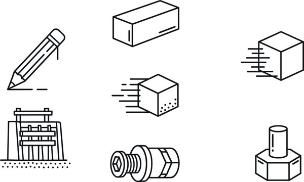 Technical schematic drawings of mechanical components, pencil sketch, cube motion, cylindrical part, and architectural drafting visualization elements
