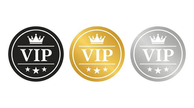 Vip badges in black gold and silver with crown and star symbols on white background for exclusive access