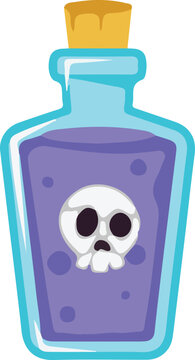 Cute cartoon vector illustration of a glass flask filled with bubbly purple poison potion featuring a skull and a cork stopper, isolated on a white background