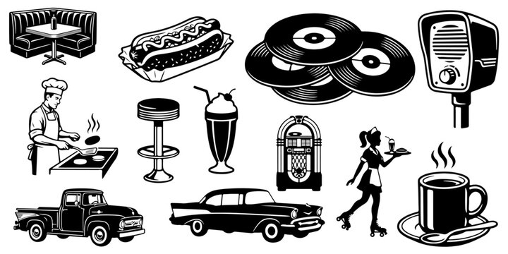 Vintage 1950s American diner lifestyle silhouette set. Retro icons featuring classic cars, jukebox, vinyl records, waitress on roller skates, and fast food