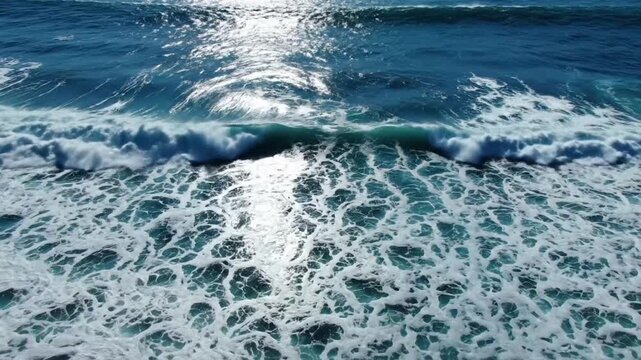 Overhead view of waves crashing on the shore captured at midday near the coast