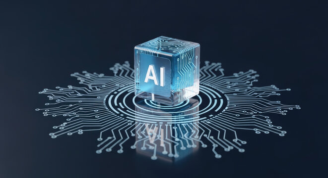 A futuristic AI cube with circuit board design on a dark background