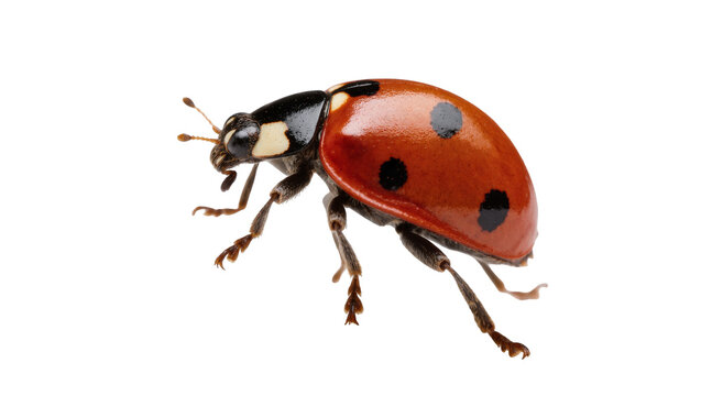 Red ladybug with black spots crawling on legs