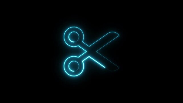 glowing neon scissors icon animation on black background cutting tool symbol digital interface motion graphic 4k