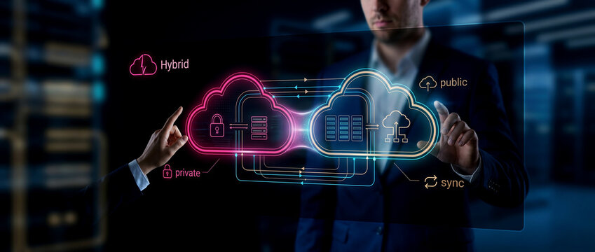 Man interacting with holographic display showing hybrid cloud computing options in a data center