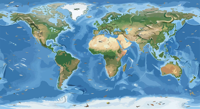 Detailed world map with physical relief and bathymetry, global topographic vector map, earth continents and oceans with mountain ranges and sea depths