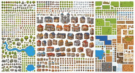Obraz premium Medieval pixel art game assets collection, fantasy RPG world map construction kit, isometric village buildings and nature environment sprites