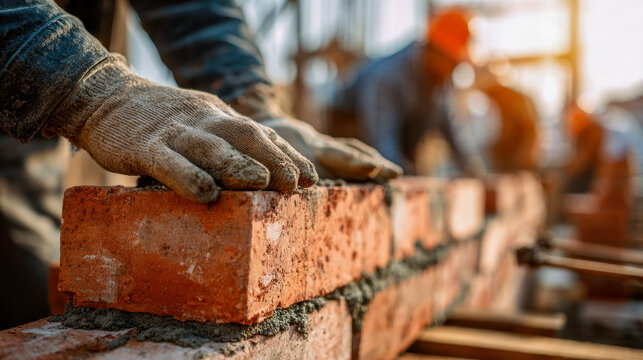 Construction worker laying red bricks with cement wearing protective gloves during building project on a sunny day with blurred background and warm sunlight glow