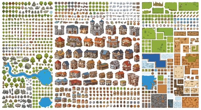 Medieval pixel art game assets collection, fantasy RPG world map construction kit, isometric village buildings and nature environment sprites