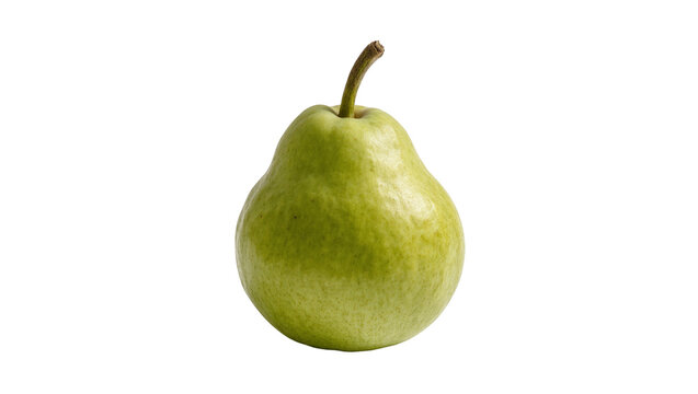 Green pear with brown stem on white surface