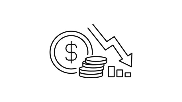 Deflation and Economic Downturn Vector Icon with Editable Stroke. Minimalist Black Line Illustration of a Dollar Coin, Stacked Coins, and Downward Arrow Representing Financial Loss and Price Drops.