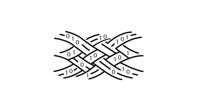 Data Fabric Minimalist Black Line Vector Icon on White Background. Woven Pattern of Binary Code Ribbons Representing Data Integration. Editable Stroke Vector Illustration for Tech Concepts.