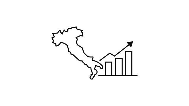 Italy Economic Growth and GDP Increase Minimalist Black Line Vector Icon with Editable Stroke. Featuring a Map of Italy and a Rising Bar Chart with an Upward Arrow on a White Background.