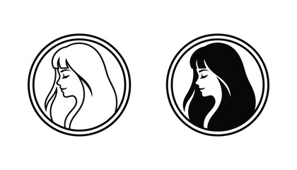 Young woman profile portrait in circular frame vector logo set with black and white outline and solid silhouette styles for beauty and wellness branding © Ryan