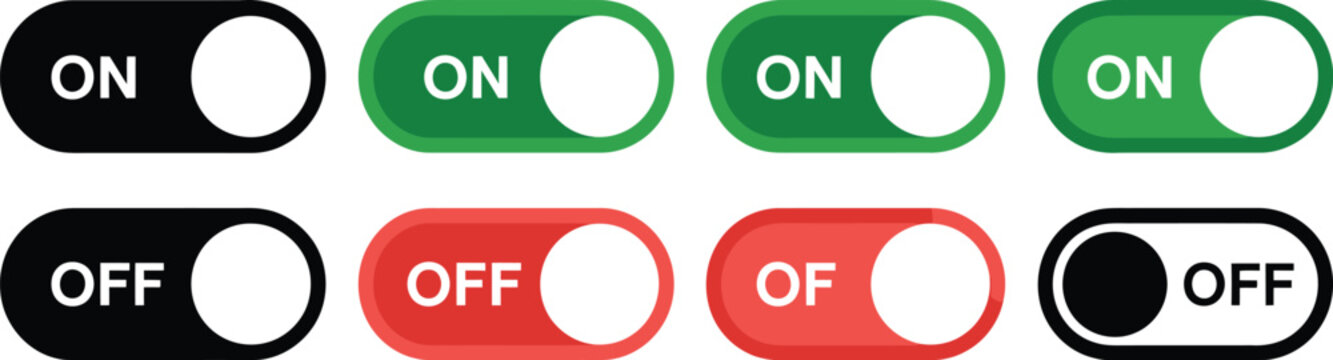 On off toggle switch button set, minimalist vector UI icons representing toggle controls for digital interface web design and mobile application elements.