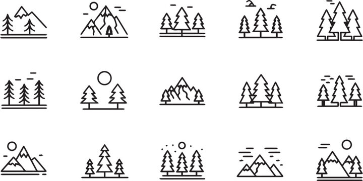Monochrome Landscape Icon Set: Minimalist icons depicting serene mountain ranges, evergreen trees, and the sun, perfect for design assets.